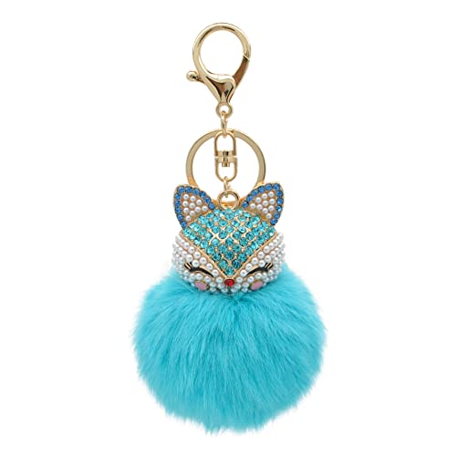 Faux Rabbit Fur Pom Pom Keychain with Fox Head - color: Bright Blue