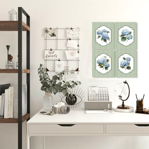 LUKIPOM Hydrangea Green Wall Art Poster,Blue and Green Grandmillennial Cottagecore Floral Canvas Wall Decor Gifts for Women Girls Room Bedroom Dorm Apartment，8x12inin Set of 4 Unframed - color: Color 021