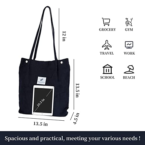 Corduroy Tote Bag Cute Tote Bags for Women Shoulder Bag with Inner Pocket for Work Beach Travel and Shopping Grocery - style: Navy Bue