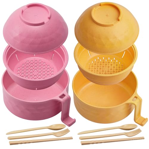 2 Sets 40 oz Microwave Ramen Bowl with Handles, Pink,Yellow - color: Pink,Yellow