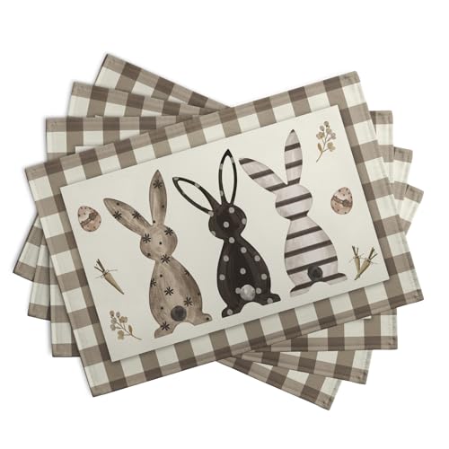 Easter Bunny Buffalo Plaid Placemats Set of 4 Rabbit Spring Egg Dining Table Placemats 12x18 Inch Check Brown White Heat Resistant Washable Table Mats for Kitchen Dining Holiday Indoor - color: Easter Plaid Rabbit