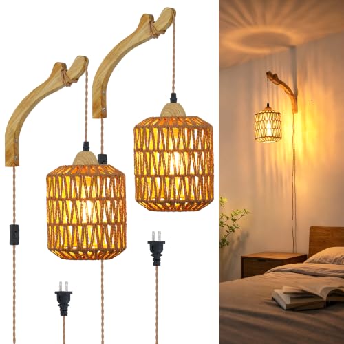 Frideko Plug in Wall Sconces Set of Two Hand Woven Lamp with Cord Rattan Lights Farmhouse Sconce Mounted Light Boho Lighting for Bedroom Living Room - color: Brown(2PC)