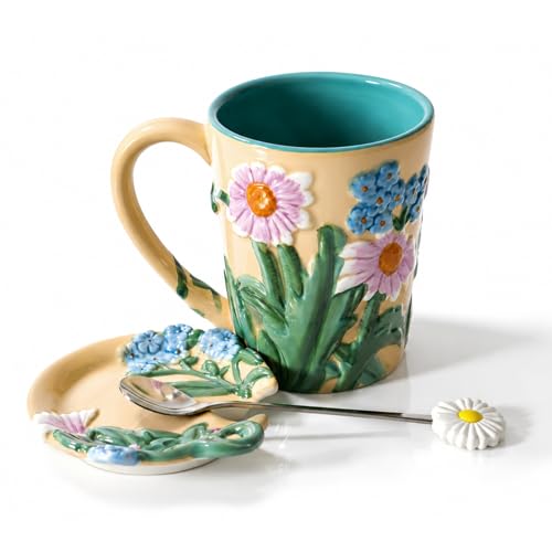 Ceramic Coffee Mug, 19 oz Large Floral Mug with Lid, Novelty Hand-Painted Mugs with Handle & Spoon, Dishwasher & Microwave Safe Cups for Coffee, Tea, Cocoa, Birthday Housewarming Wedding Gift - Beige - color: Beige