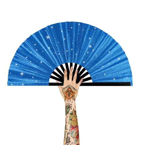 Large Folding Hand Rave Fan for Men/Women, Popping Fan for Line Dancing, Decorative Folding Hand Fan for Boots On The Ground, Festival, Gift, Home Decorations(Blue) - color: Blue
