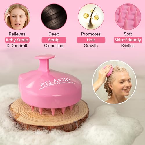 RELAXXO Scalp Massager Hair Growth – Exfoliator & Hair Scrubber for Scalp, Soft Bristles for Dandruff & Soothing Comfort, Shampoo Brush, Wet & Dry Use, Pink - color: Pink