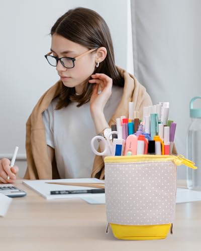 Sooez Standing Pencil Case, Cute Stand up Pencil Pouch, Telescopic Pen Bag - color: Yellow