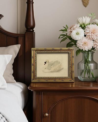 Vodefoad Vintage Swan Gold Framed Wall Art, Classical Swans Canvas Prints, Farmhouse Wall Decor, Rustic Watercolor Swan, Retro Artwork Pictures for Gallery Bedroom Kitchen Office Living Room Bathroom Decor - 9x12Inch - color: Swan, size: 12"L x 9"W