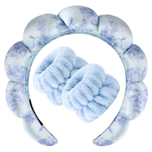 Zkptops Spa Headband for Washing Face Wristband Set Flower Sponge Makeup Skincare Velvet Fabric Bubble Soft Get Ready Hairband for Women Puffy Headwear Non Slip Thick Thin Hair Accessory(Blue Flowers) - color: ZYG Blue Flowers