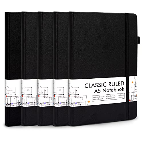 5 Pack Journal Notebook Bulk for School, Feela Hardcover Business Notebooks Classic Ruled Lined Journals with Pen Holder for Work Note Taking, with 5 Black Pens, 120 GSM, 5.1”x8.3”, A5, Black - color: 5 Pack black