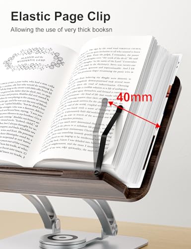 Tounee Book Stand for Reading, Adjustable Book Holder with 360° Swivel Base, Foldable Cookbook Stand Recipe Book Holder with Elastic Page Clips for Music Scores, Recipe, Tablet, Laptop-Silver - color: Silver