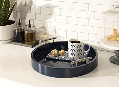 Kate And Laurel Lipton Modern Round Tray; 15.5 Diameter; Navy and Silver; Decorative Accent Tray for Storage and Display - color: Navy Blue/Silver, size: 15.5"