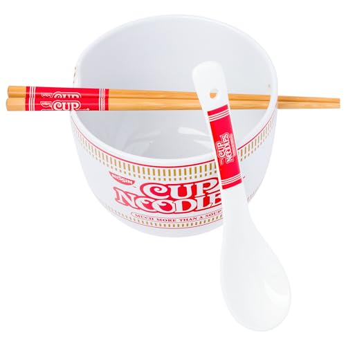 Silver Buffalo Nissin Cup of Noodles “Much More Than a Soup” Ceramic Ramen Bowl Set with Chopsticks and Spoon, 20 Ounces - color: Nissin Cup Noodles Spoon, size: 20 Ounces (With Spoon)