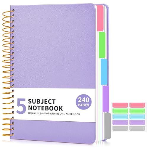 5 Subject Notebook College Ruled 240 Pages, A5(5.8"x8.3") Hardcover Spiral Notebook with Removable Pocket Dividers Tabs, Lined Spiral Journal Notebook for Women, Notebooks for Work School Note taking purple - color: Purple, size: A5