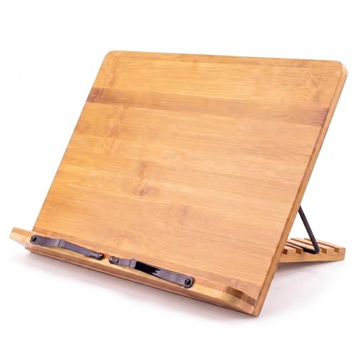 Bamboo Cookbook Stand Medium, Adjustable Book Holder Tray and Page Paper Clips -4-Position Recipe Book Stand Holds Thick Books for Kitchen Counter, Reading, Studying, Foldable - Medium - Natural Color - color: Natural, size: Medium