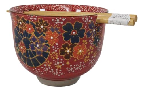 Ebros Gift Artistic Donburi Ramen Udon Noodles Soup Salad 5" D 18Oz Bowl With Bamboo Chopsticks And Built In Rest Set Asian Dining Kitchen Accent (Red Floating Colorful Flowers) - color: Red Floating Colorful Flowers