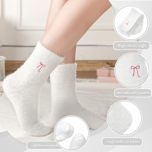Geyoga 5 Pairs Fuzzy Bow Socks for Women Fluffy Slipper Gift - color: White