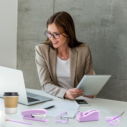 Purple Office Supplies - Purple Desk Accessories: Stapler, Staple Remover, Tape and Pen Holders, Ballpoint Pens, Scissors, Binder Clips, 1000 Staples, Phone and Ruler, Transparent Glue, Notes - color: Purple