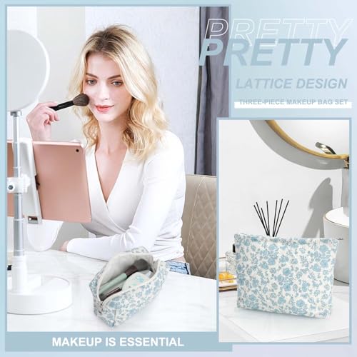 EIMMBD Makeup Bag 3 Pieces Large Capacity Cosmetic Bag Travel Toiletry Bag Organizer Cute Makeup Bag Pouch Storage Bag for Women(Blue White) - color: Blue White