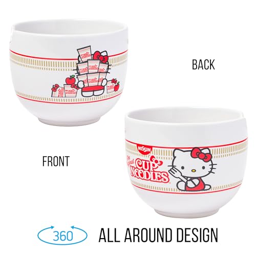 Silver Buffalo Hello Kitty Nissin Ceramic Ramen Bowl with Chopsticks, 20 Ounces