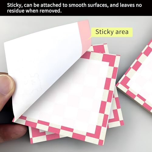 Cute Sticky Notes 3 x 3 in, 2 Pack Self Stick Note Pads with Fun Patterns, Strong Adhesive Memo Pads for Office School Home, 80 Sheets per Pad Pink Checkerboard - color: Pink Checkerboard