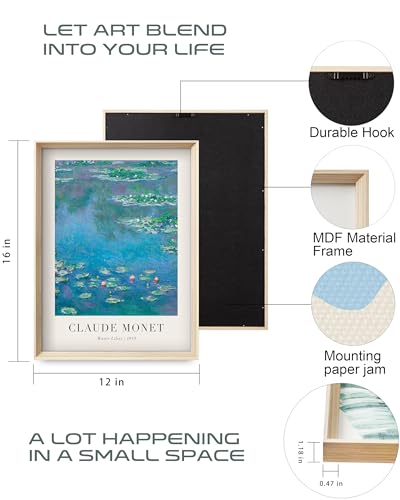HesenDot Framed Claude Monet Water Lilies Canvas Wall Art Set of 3 12x16in - color: Framed Monet Vintage, size: 16"L x 12"W