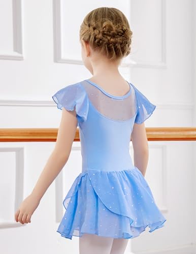 Zaclotre Girls Ballet Leotards Ruffle Sleeve Sparkle Dance Leotard - color: Baby Blue, size: 6-7 Years