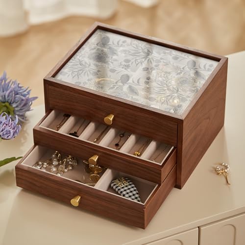 Black Walnut Wooden Women Jewelry Box with Glass Lid, 3 Layer - style: 3 Layer B
