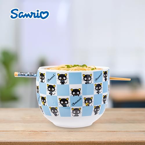 Silver Buffalo Hello Kitty and Friends Chococat Checkered Pattern Ceramic Ramen Noodle Rice Bowl with Chopsticks, Microwave Safe, 20 Ounces - color: Chococat Checkered, size: 20 Ounces (No Spoon)