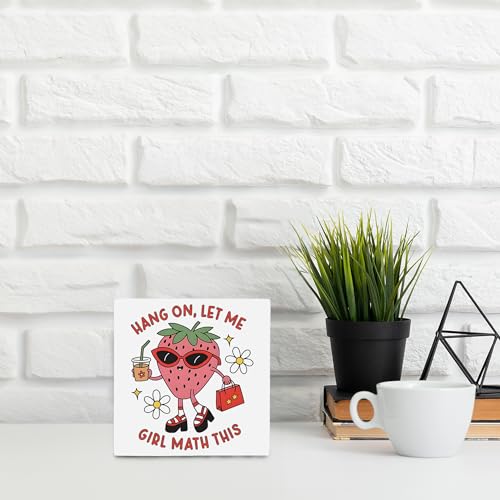OFlich Preppy Strawberry Wooden Box Sign 5x5 Inches - Strawberry Gifts for Women, Trendy Desk Sign for Dorm Girls Room, Cute Wooden Signs for Home Decor