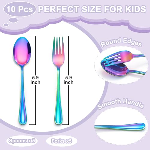 E-far Toddler Utensils, 10 Pcs Rainbow Stainless Steel Kids Silverware Set - color: Rainbow