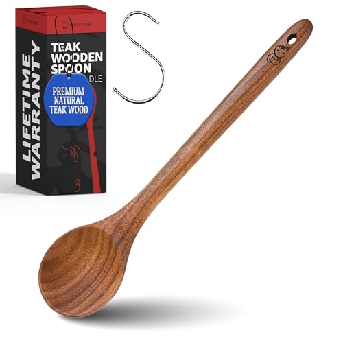 PriorityChef Extra Long Wooden Spoon for Cooking - 11" Heavy Duty Teak Long Handle Cooking Spoon - Large Wooden Spoons for Stirring & Serving - Big Wood Spoons Safe for All Cookware