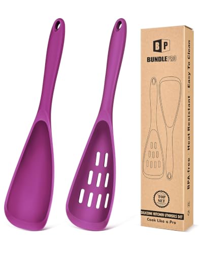 BUNDLEPRO Silicone Cooking Spoons for Nonstick Cookware, One-Piece, 2 Pack - color: Purple
