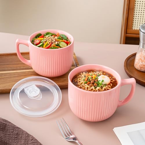 Ceramic Soup Bowl with Handle & Lid, Large 32oz Microwave Ramen Bowl Pink - color: Pink-32, size: 32 OZ