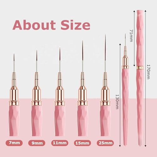 Professional Detail Nail Art Paint Liner Brush Set, 5Pcs Small Polish Design Tech Nail Tip Fine Line Striping Brushes, 25/15/11/9/7Mm Skinny Long Bristle Nails Drawing