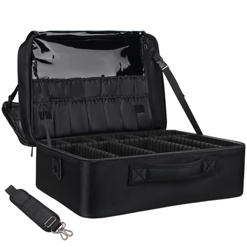 Relavel Extra Large Makeup Case, Professional Makeup Artist Bag Double Layer Compartment Cosmetic Travel Organizer Bag Makeup Brush Storage Holder with Adjustable Dividers and Shoulder Strap, Black - color: Black, size: Super Large