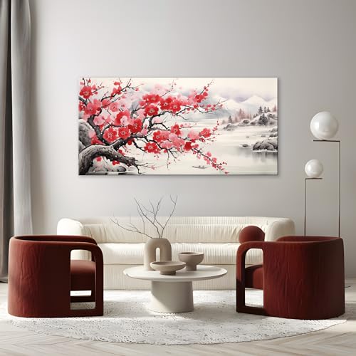 NAN Wind Asian Wall Art Traditional Chinese Painting Oriental Red Plum Blossom Canvas Pictures for Wall Decor Home decor for Living Room Cherry Blossom Decor Landscape Artwork Framed Ready to Hang - color: Red-One Piece, size: 32"L x 16"W