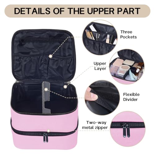 Double Layer Makeup Bag with Adjustable Dividers, Pink - color: Pink