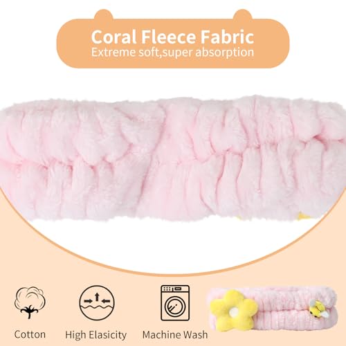 PERFECTSIGHT Kawaii Headband for Spa, Makeup, Washing Face, Party - 2 Pack Cute Hair Band for Shower Beauty Skincare, Soft Facial Headbands for Girls and Women (Pink Flower Bee) - color: Pink Flower Bee