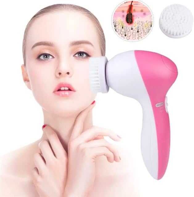 Exfoliating Electric Facial Cleanser Silicone Scrub Pore Cleaner Spin Sonic Facial Cleansing Brush (5 in 1 Facial Cleansing Brush)