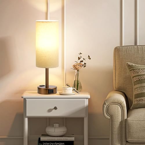 Fenmzee Brown Bedside Lamp for Bedroom, Dimmable Touch, USB A+C, AC Outlet - color: Beige - Brown, size: 14"