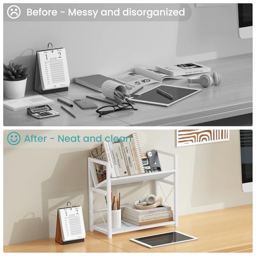 ELITEROO Desktop Bookshelf Organizer, 2 Tier Wood Desk Shelf for Tabletop Storage, Small Book Rack for Office, Home, or Study, Mini Bookcase for Book Display, Decor, and Supplies, White - color: White
