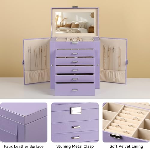 Frebeauty 6-Layer Jewelry Box for Women,Large Jewelry Organizer with Drawer - color: Purple, size: Large