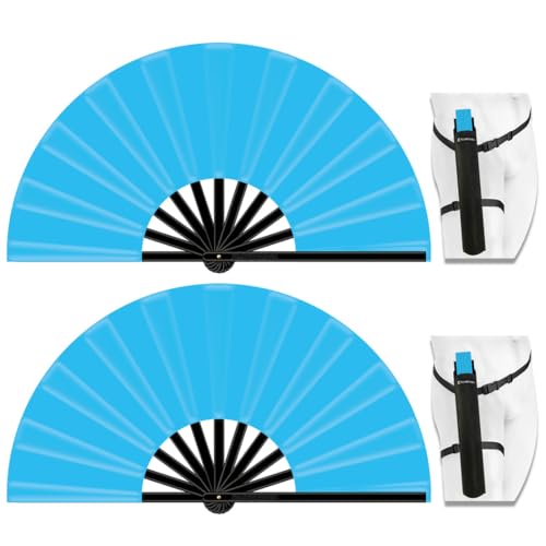 13" Large Folding Rave Fan with Holster, Clack Hand Fans Foldable for Line Dancing, Boots On The Ground Fan for Women Men Festival EDM Party Decoration, Light Blue 2 Pack - color: Light Blue