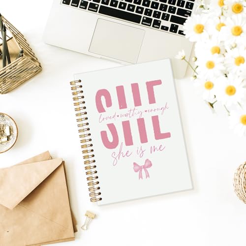 Coquette Pink Bow Christian Spiral Notebook, Bible Journaling Notebook, Religious Prayer Journal for Woman, Church Notes Journal, She Loved Worthy Enough Hardcover Notebooks 5.5x8.3 - color: Pink Bow - She is me