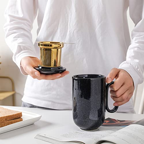 Ceramic Tea Cup Mug Infuser - VICRAYS Large 16 oz Hot Loose Steeping Handle Teacup with Leaf Infuser Spoon Lid - Blue Tall Glazed Strainer Coffee Mug Microwave Safe - Blue - color: Blue