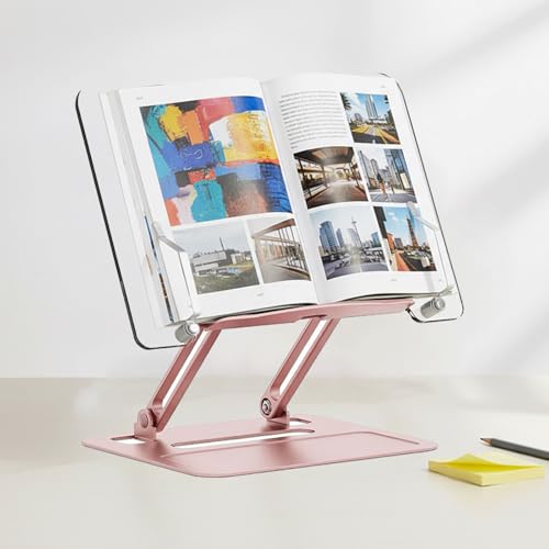 Acrylic Adjustable Book Stand, Reading Stand with Lift Design, High-Density Alloy Desktop Document Holder for Document Recipe, Cookbook, Music Book (Rose) - color: Rose