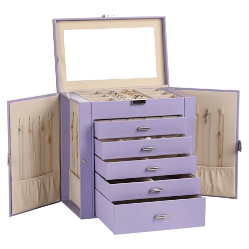 Frebeauty 6-Layer Jewelry Box for Women,Large Jewelry Organizer with Drawer - color: Purple, size: Large