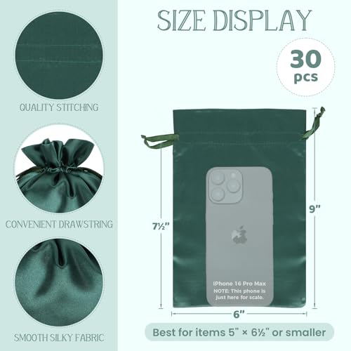 30Pcs Satin Gift Bags, 6x9 Green Cloth Drawstring Pouch - color: Green, size: 6×9 in