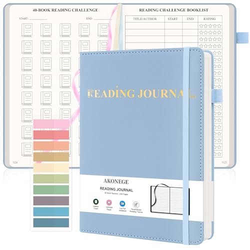AKONEGE Reading Journal for Book Tracking - PU Leather Book Journal Reading Log with 80 Reviews for Readers, Accessories with Sticky Tabs, Pen Holder, Ribbon Bookmarks, 5.6" x 8.3", Light Blue - color: Light Blue