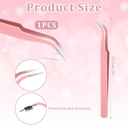 Precision Tweezers, Lash Tweezers Stainless Steel Curved Pointed Tweezer Professional Fine Point Needle Nose Tip Tweezers for Craft, Eyelash Extensions, Nail Art, Sticker (Pink)
